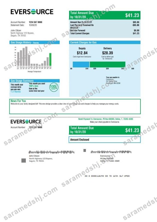 USA Eversource gas utility bill template in Word and PDF format, good for address prove